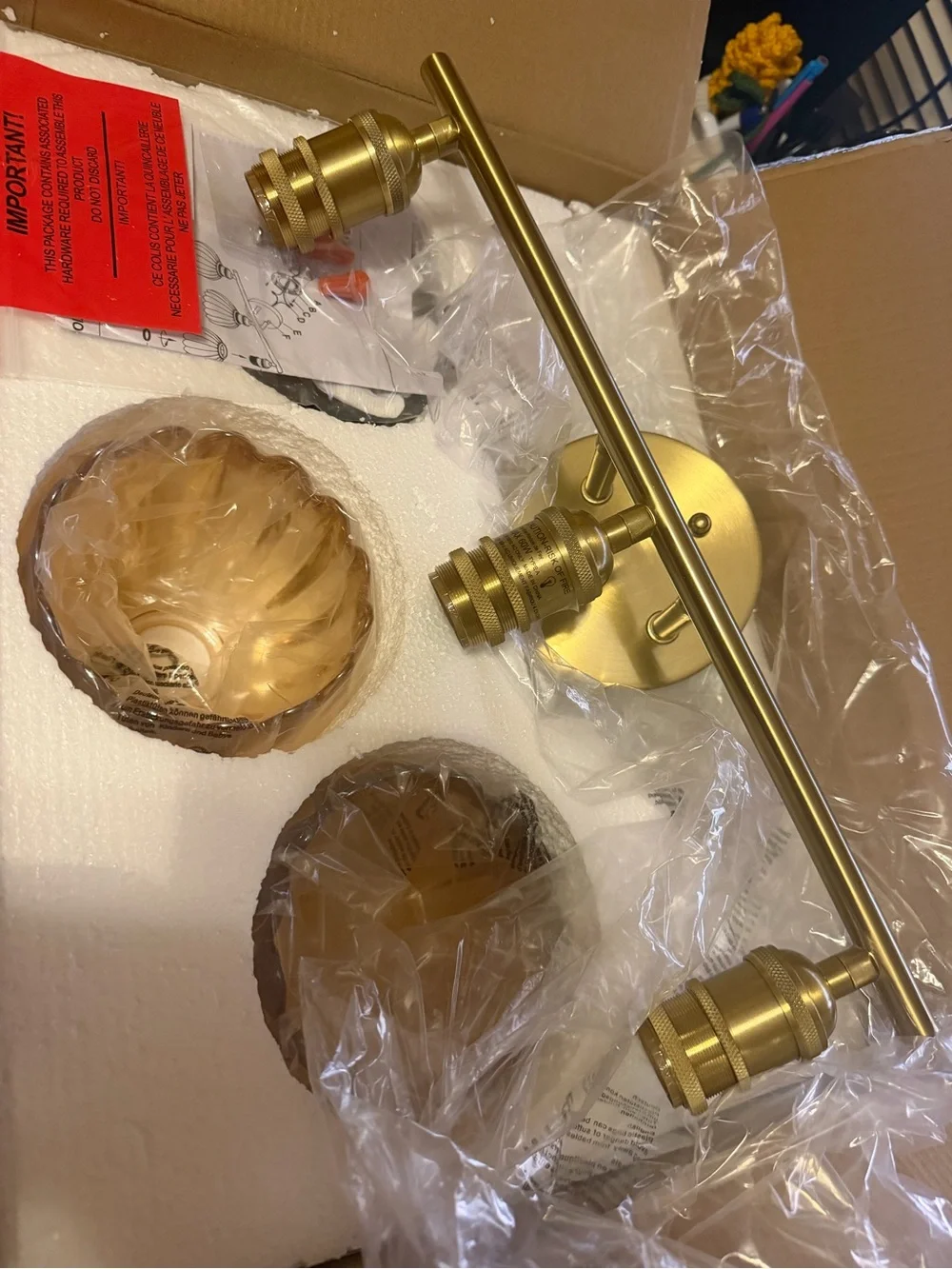 Vintsge Gold 3-Light Bathroom Vanity Sconce with Amber Glass Shades